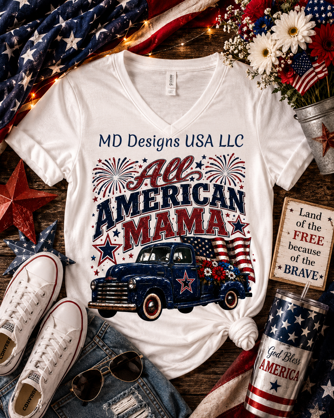 All American Mama White V-Neck Short Sleeve T-Shirt