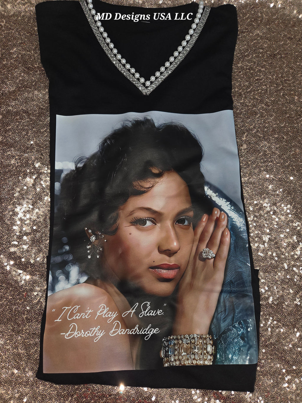 Black V Neck Dorothy Dandridge Pearl Bling T-Shirt