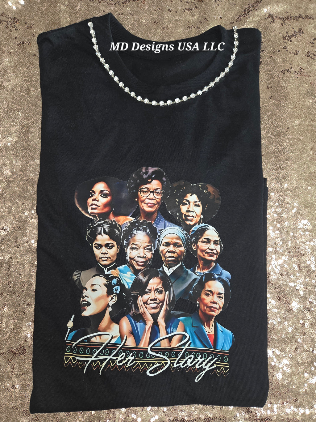 Black Silver Rhinestone Crewneck Her Story T -Shirt