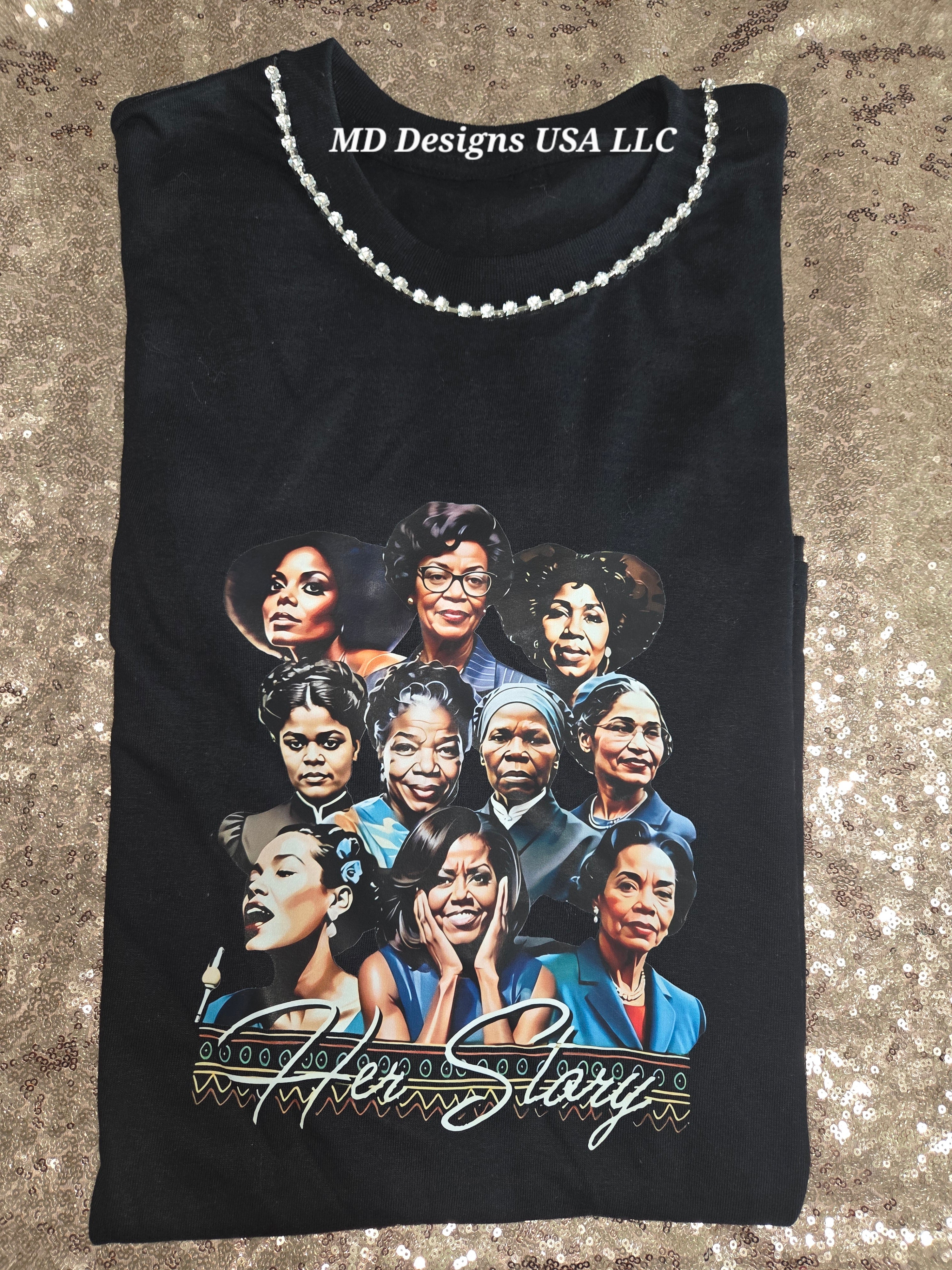 Black Silver Rhinestone Crewneck Her Story T -Shirt