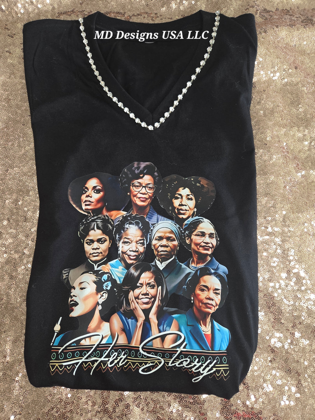 Black Silver Rhinestone V Neck Her Story T -Shirt
