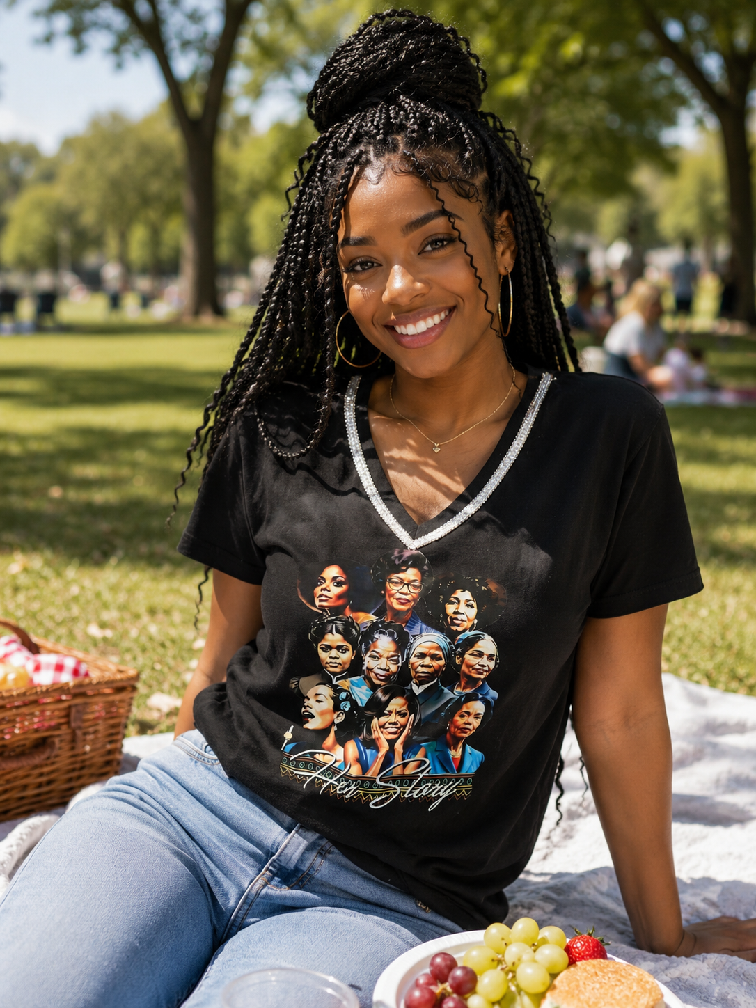 Black Silver Bling V Neck Her Story T -Shirt