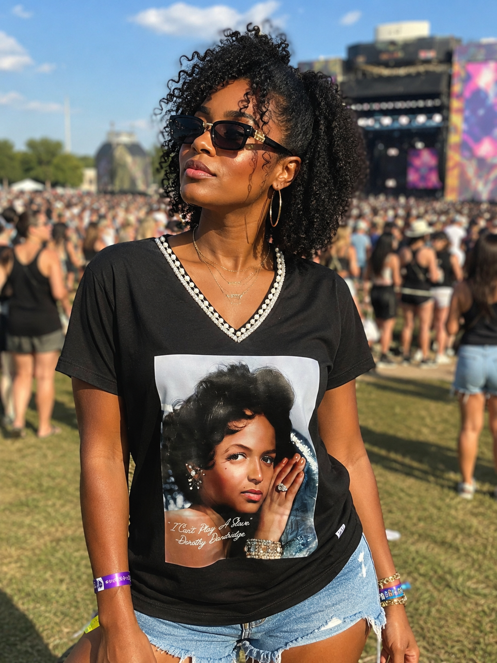 Black V Neck Dorothy Dandridge Pearl Bling T-Shirt