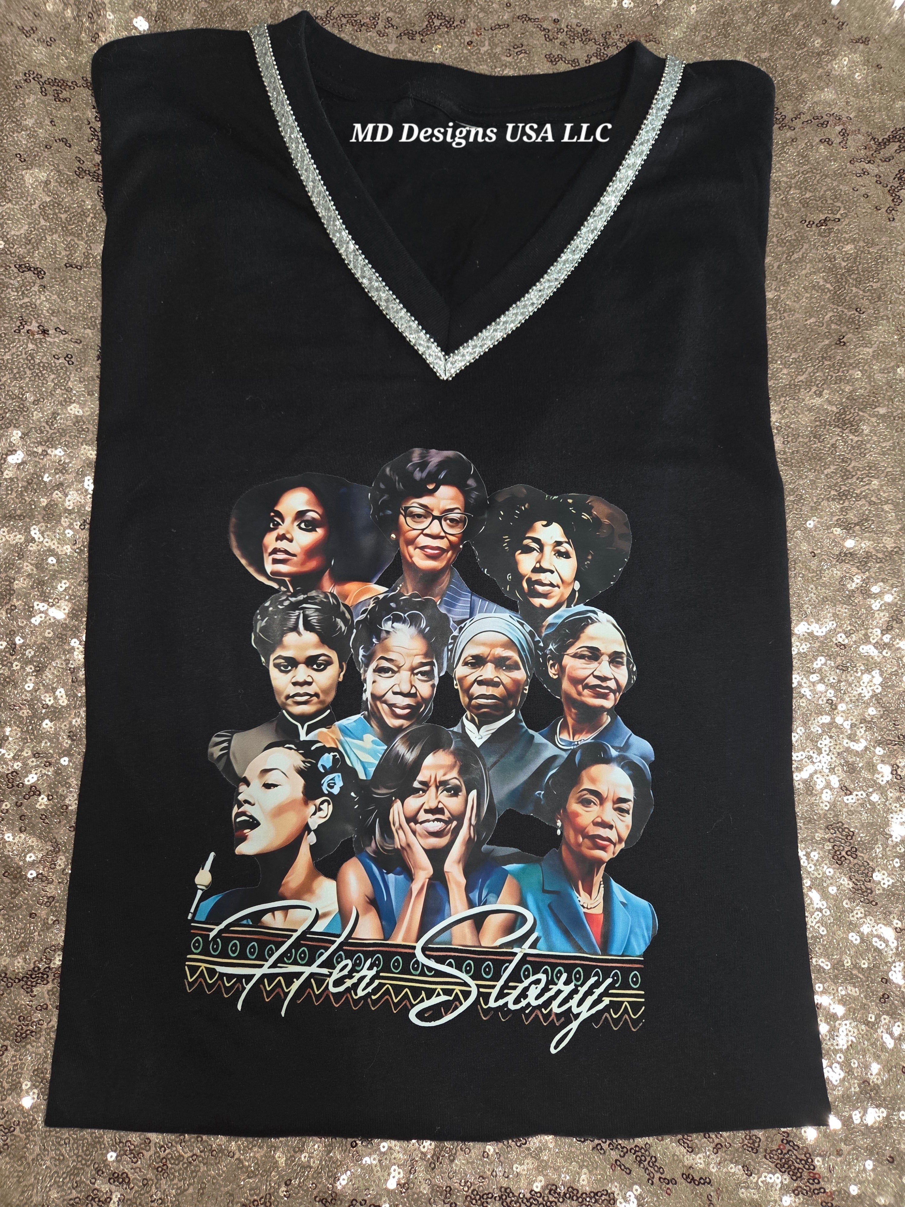 Black Silver Bling V Neck Her Story T -Shirt