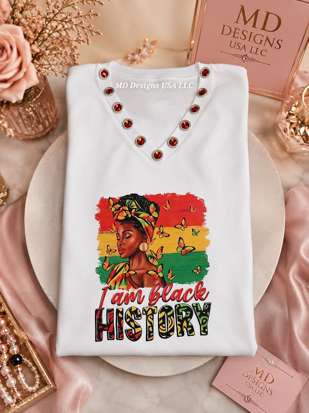 White V Neck with Red Bling I'm Black History T-Shirt