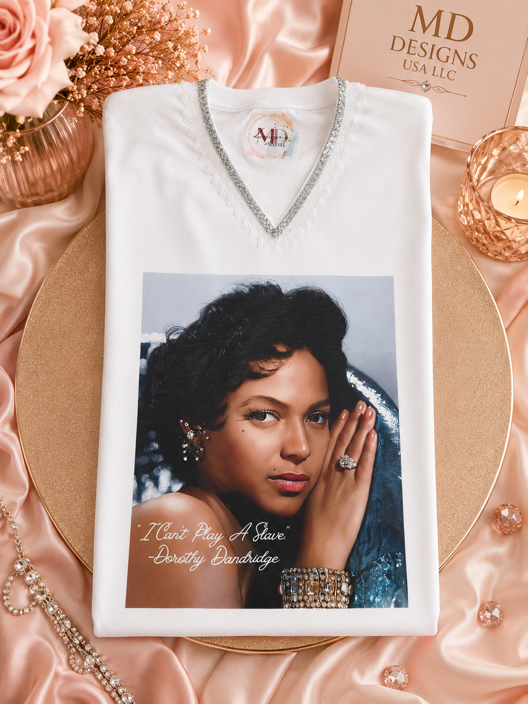 White V Neck Lace and Bling Dorothy Dandridge T -Shirt