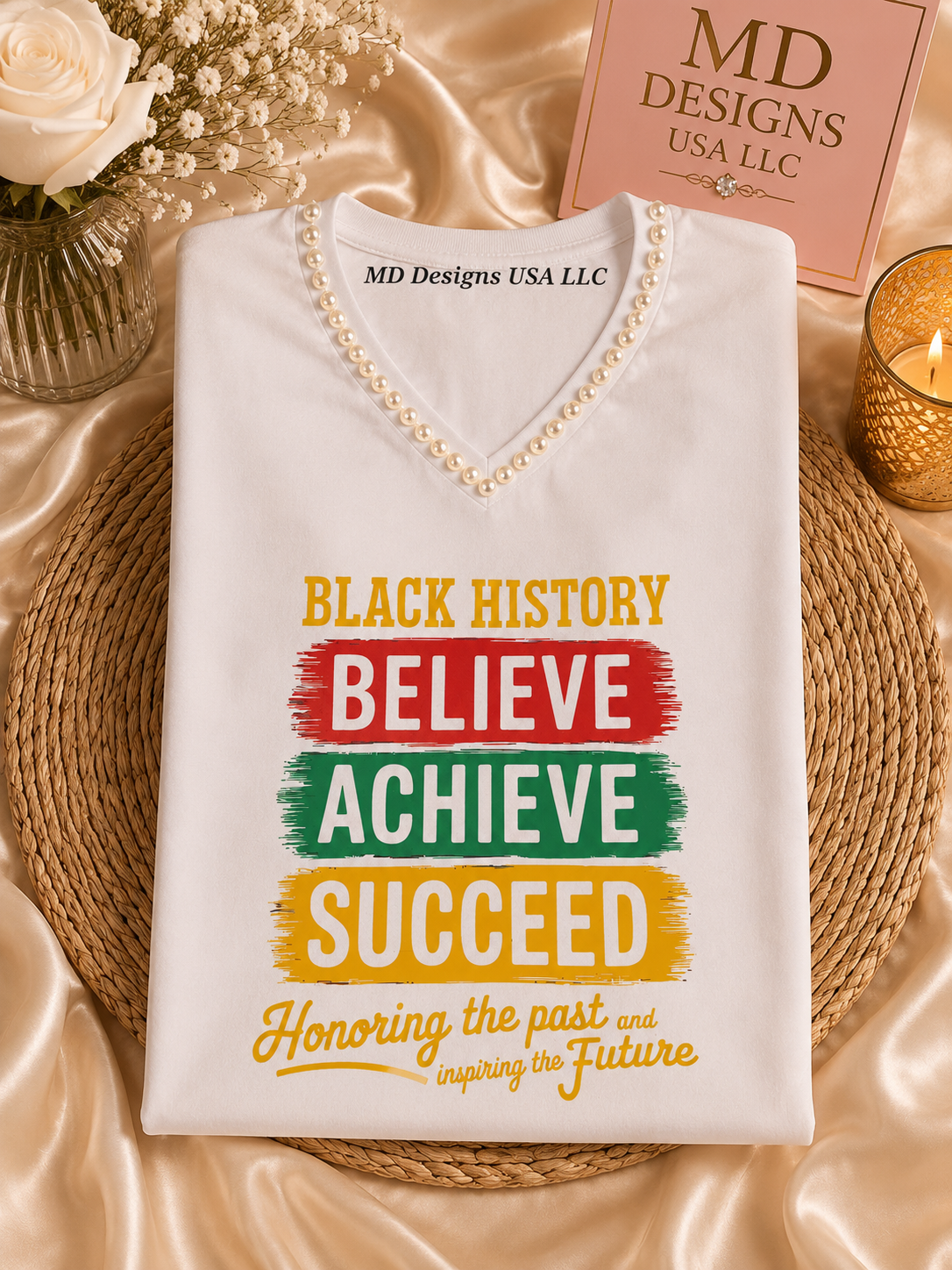 White Rhinestone Pearl V Neck Believe Achieve Succeed T -Shirt