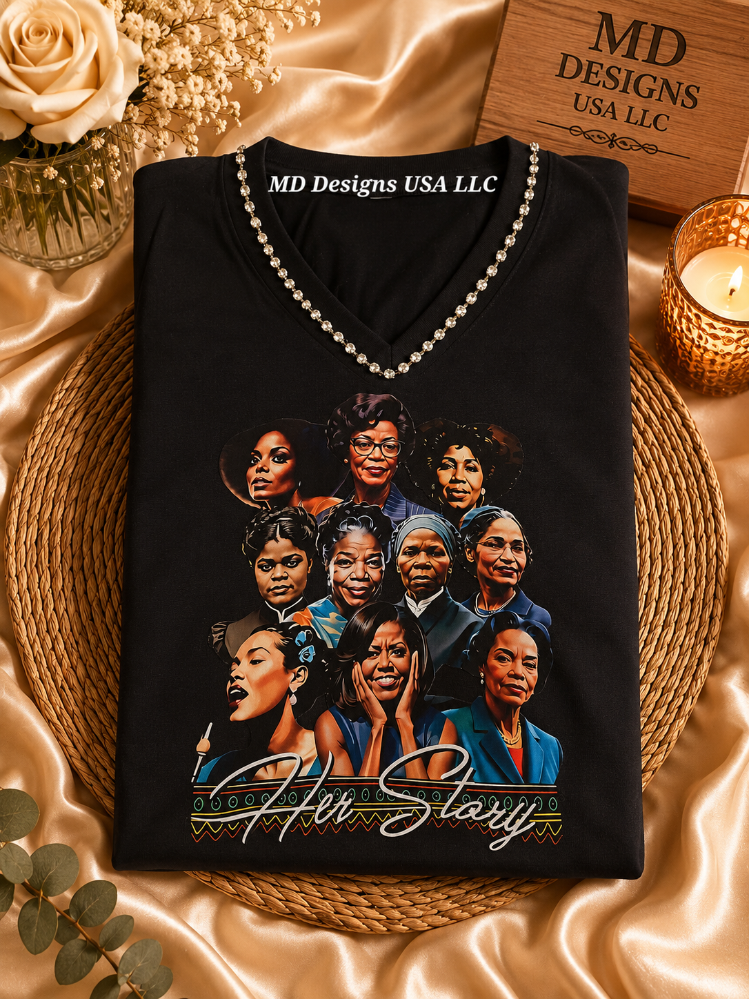 Black Silver Rhinestone V Neck Her Story T -Shirt