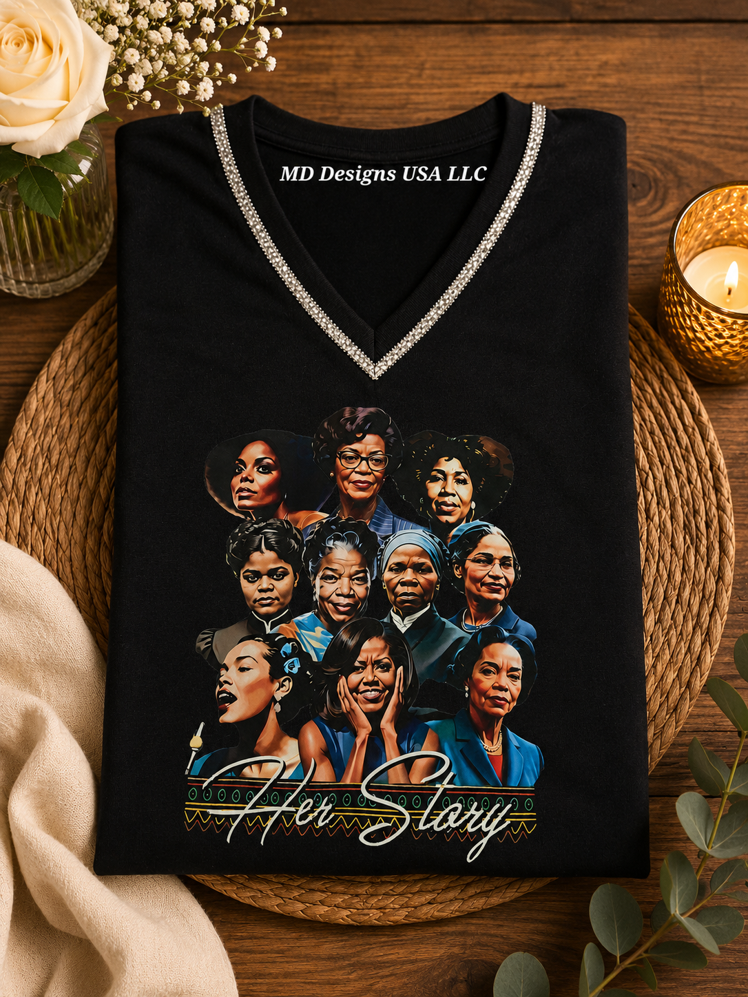 Black Silver Bling V Neck Her Story T -Shirt