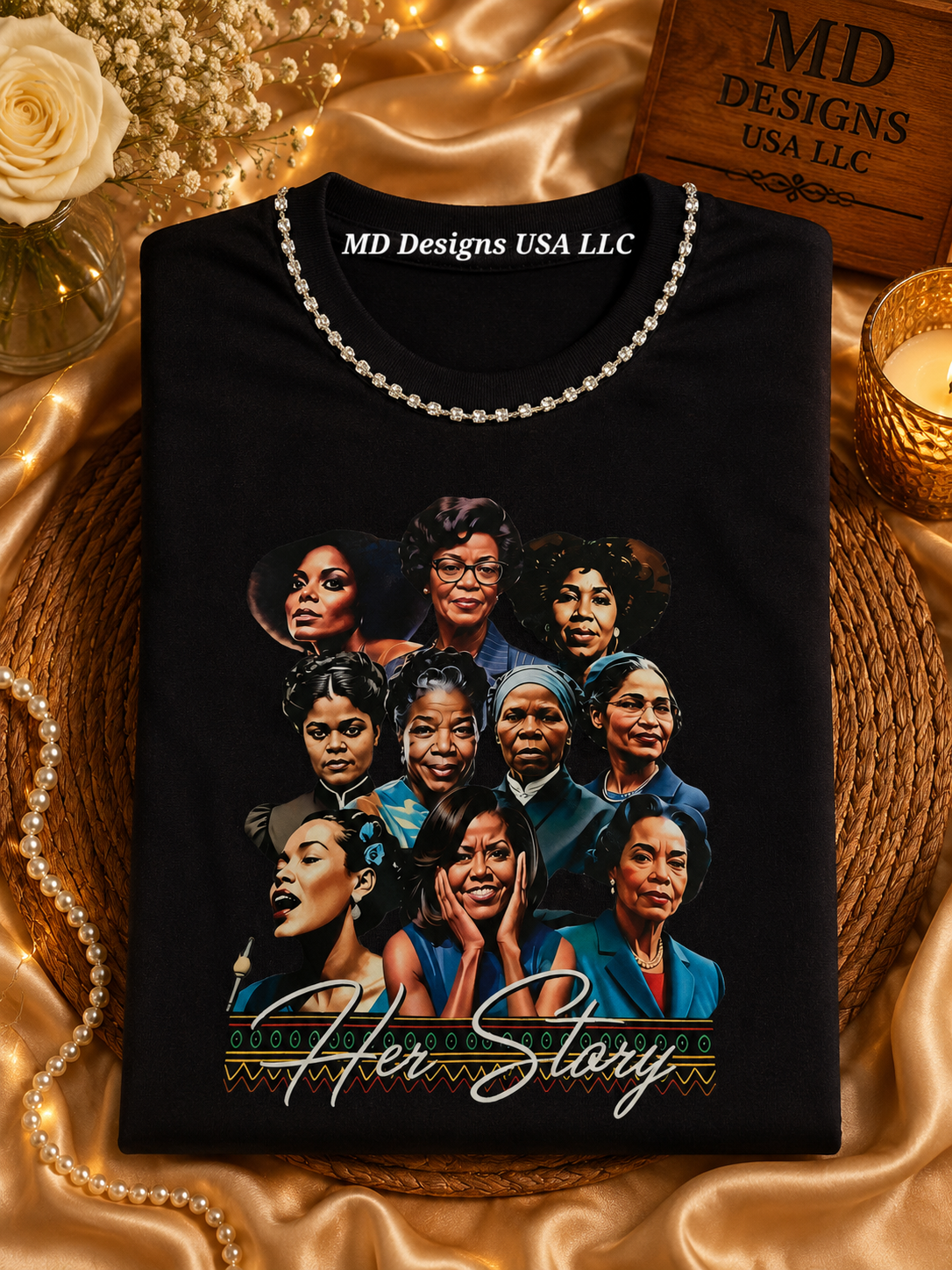 Black Silver Rhinestone Crewneck Her Story T -Shirt