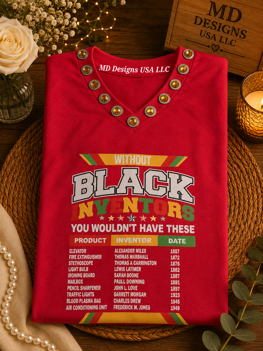 Red V Neck Bling Black Inventors T-Shirts