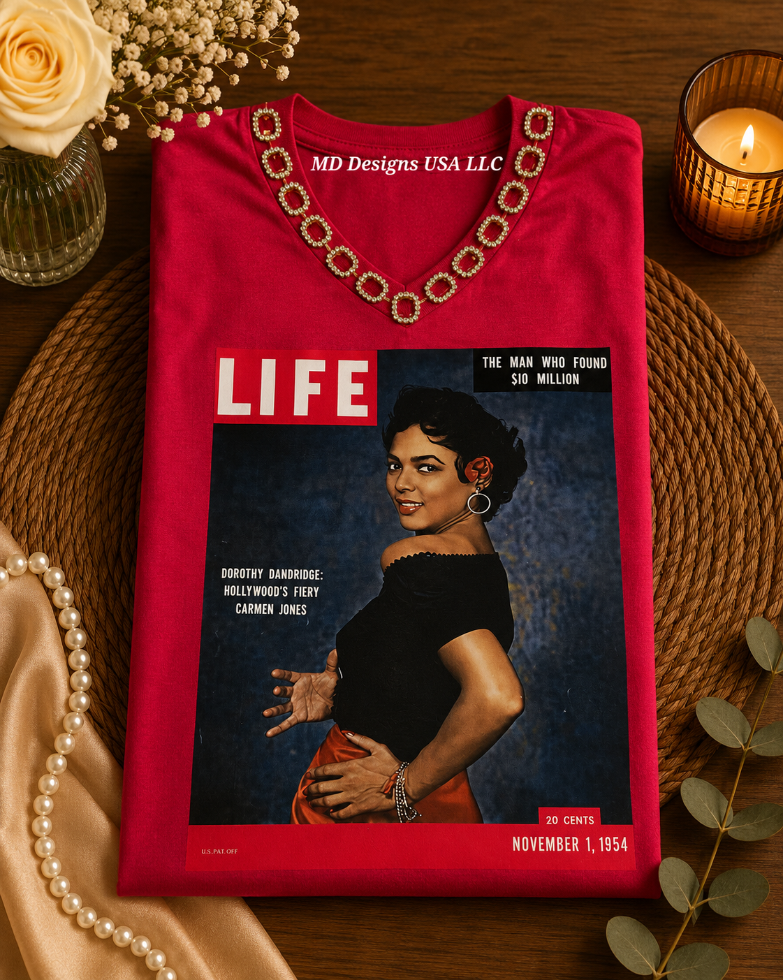 Red Rhinestone V Neck LIFE Photo Dorothy Dandridge T-Shirt