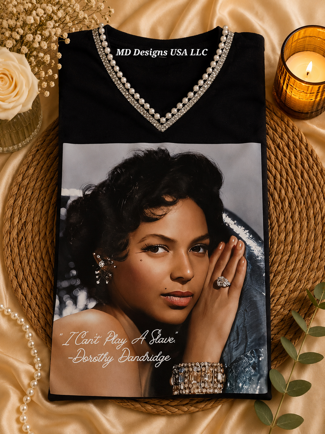 Black V Neck Dorothy Dandridge Pearl Bling T-Shirt