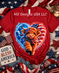 Patriotic Highland Cow in Heart Red V-Neck Short Sleeve T-Shirt