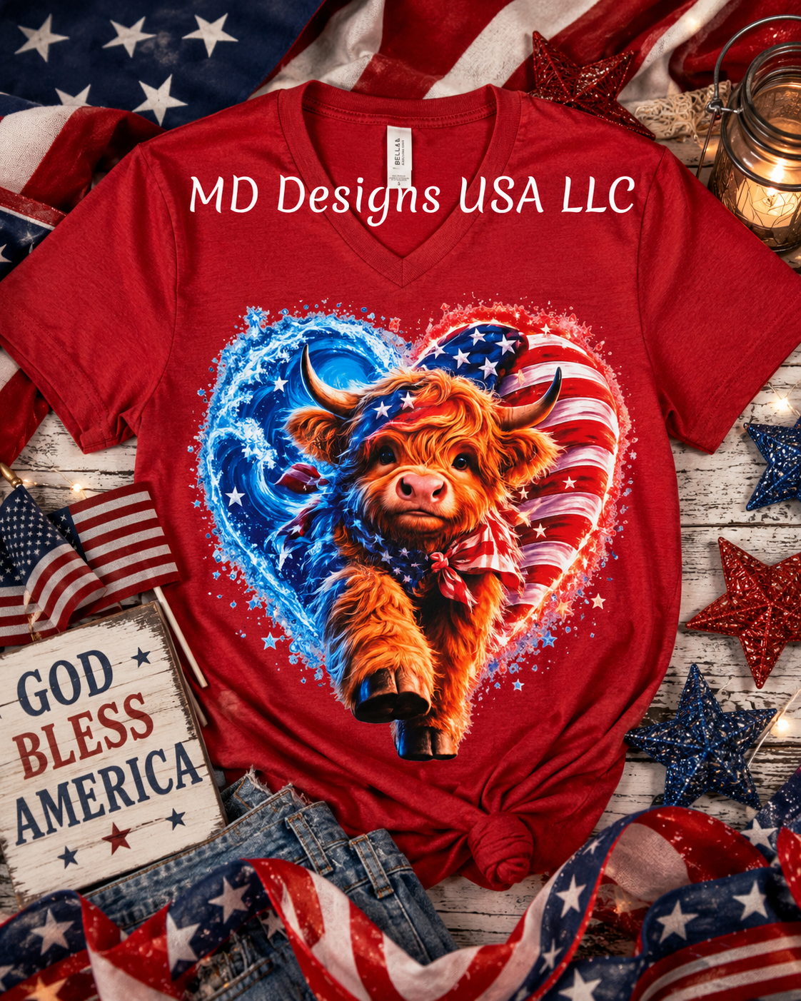 Patriotic Highland Cow in Heart Red V-Neck Short Sleeve T-Shirt