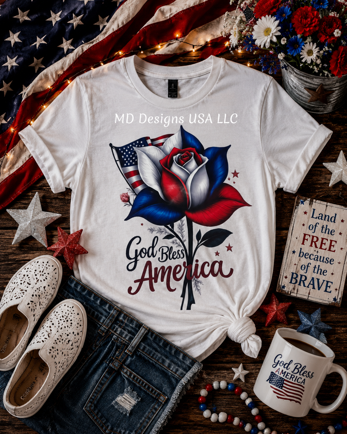 God Bless America Single Rose White Short Sleeve T-Shirt