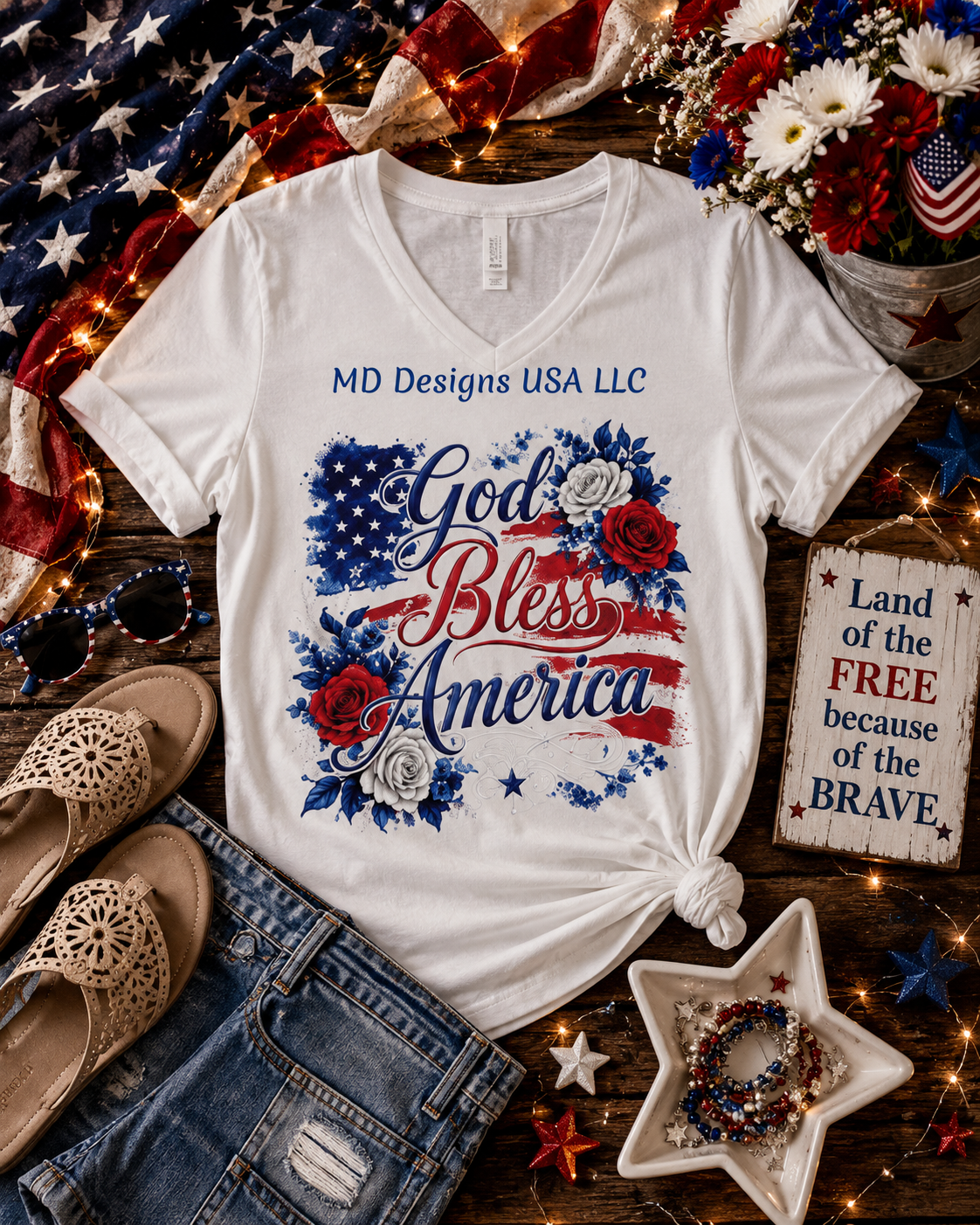 God Bless America Floral White V Neck Short Sleeve T-Shirt