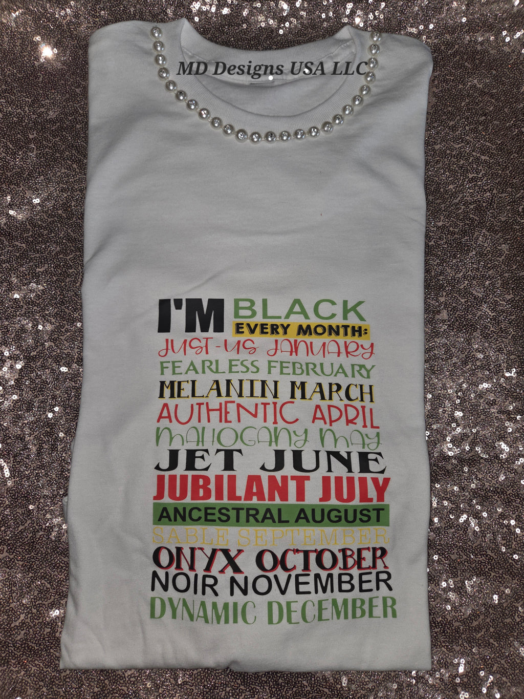White Rhinestone Pearl Crewneck I'm Black T -Shirt