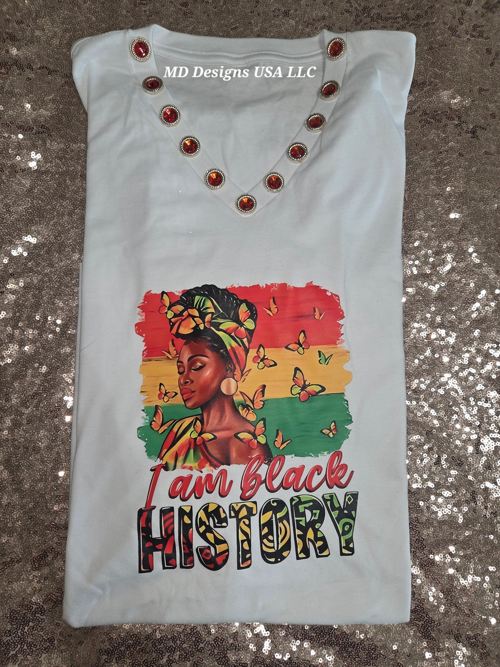 White V Neck with Red Bling I'm Black History T-Shirt
