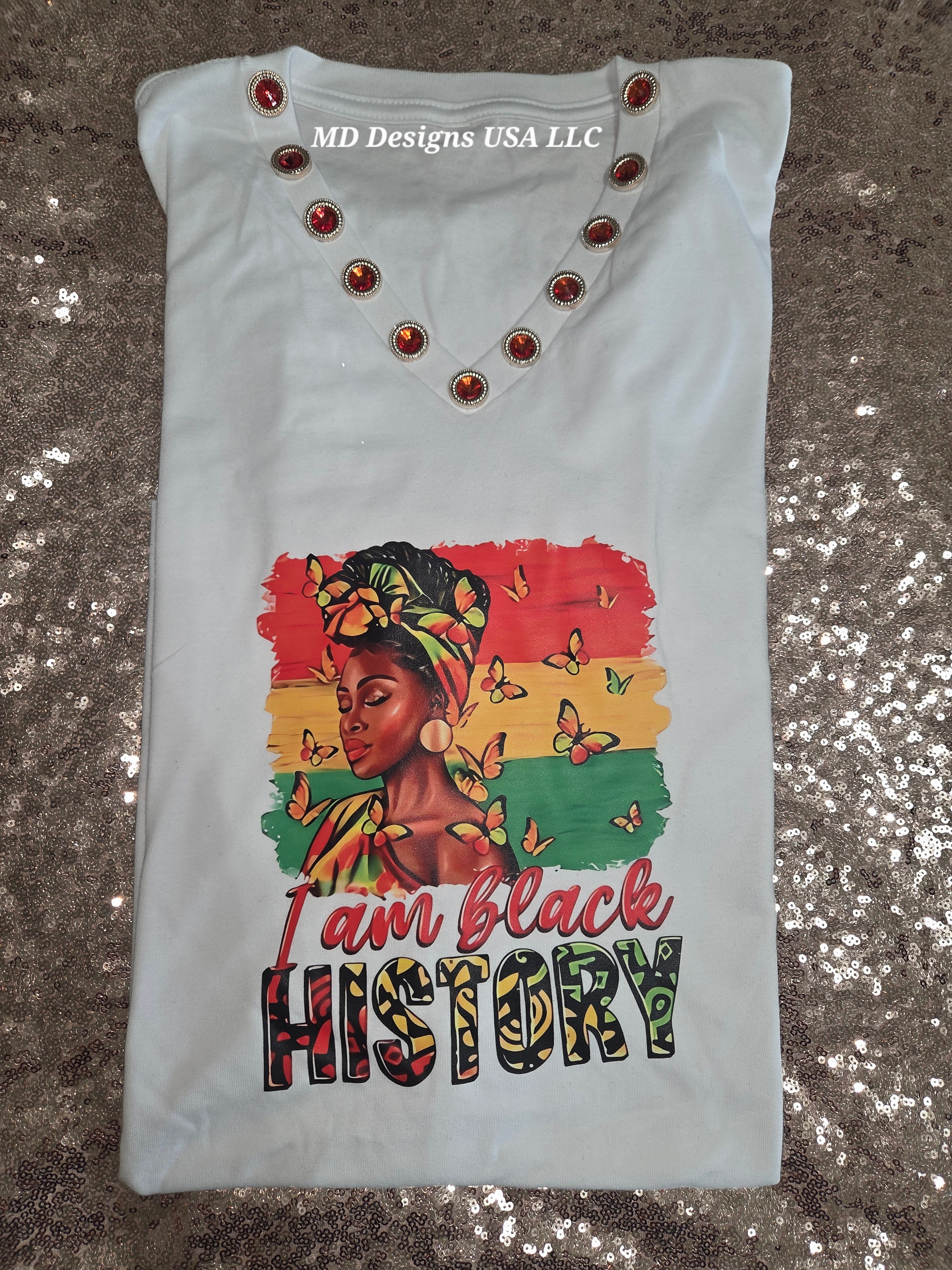 White V Neck with Red Bling I'm Black History T-Shirt