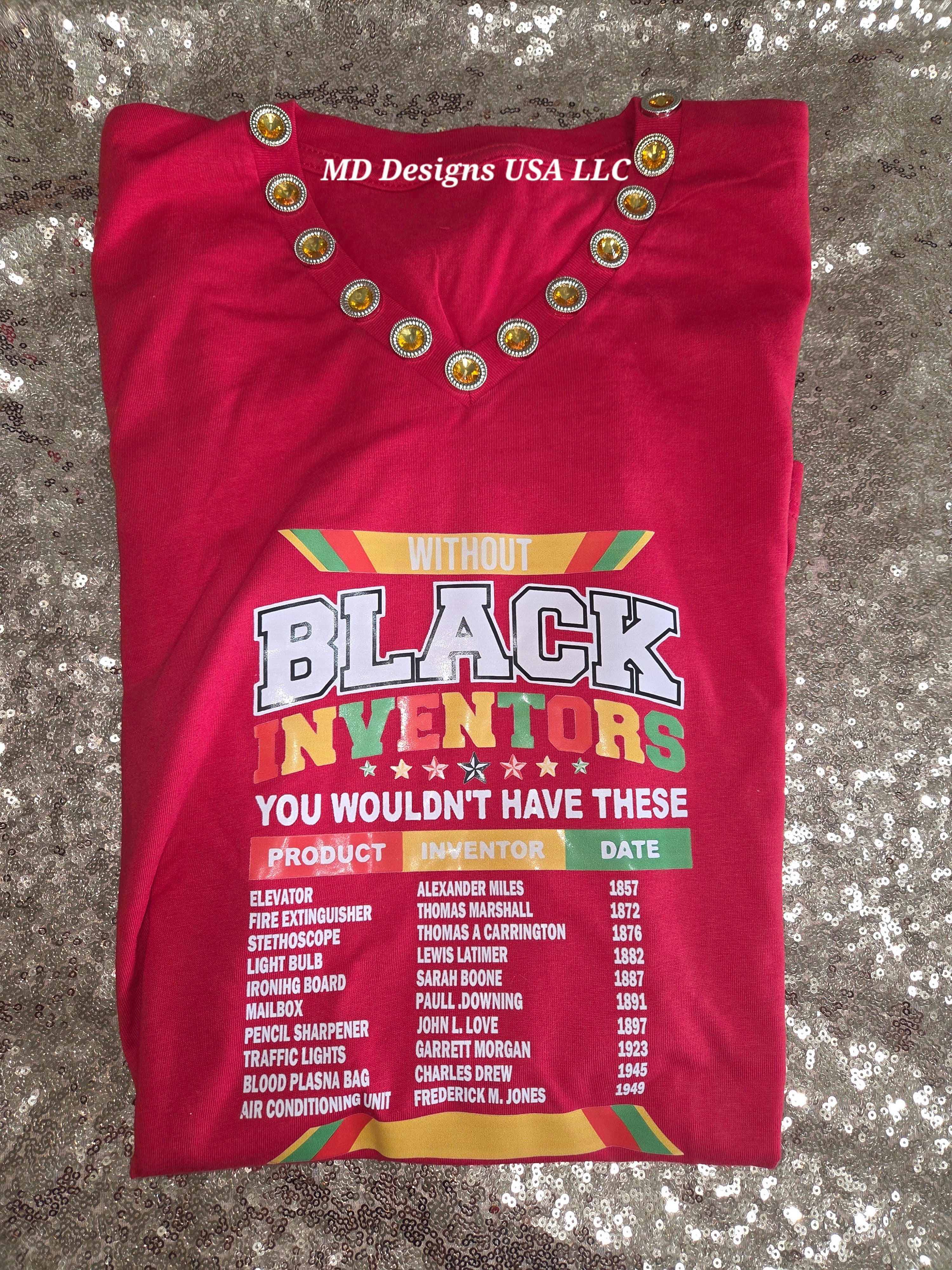 Red V Neck Gold Bling Black Inventors T-Shirts