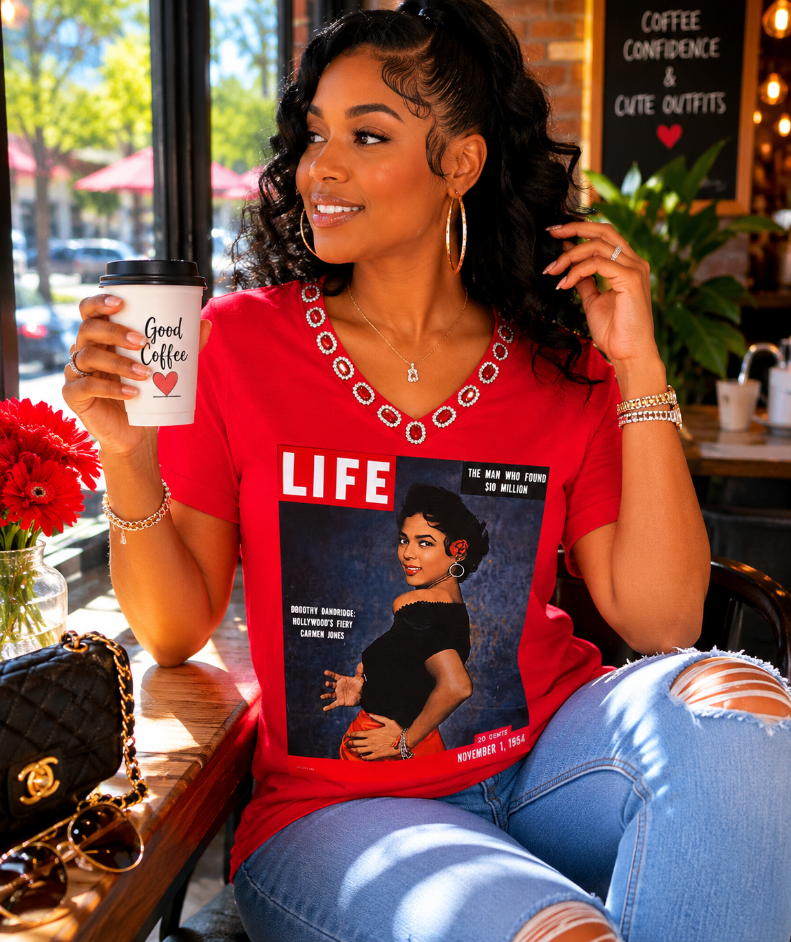 Red Rhinestone V Neck LIFE Photo Dorothy Dandridge T-Shirt