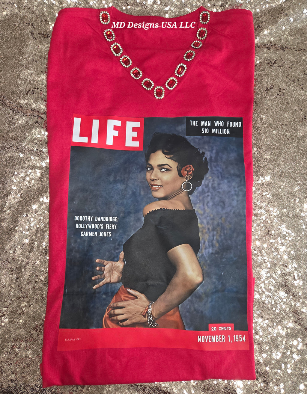 Red Rhinestone V Neck LIFE Photo Dorothy Dandridge T-Shirt