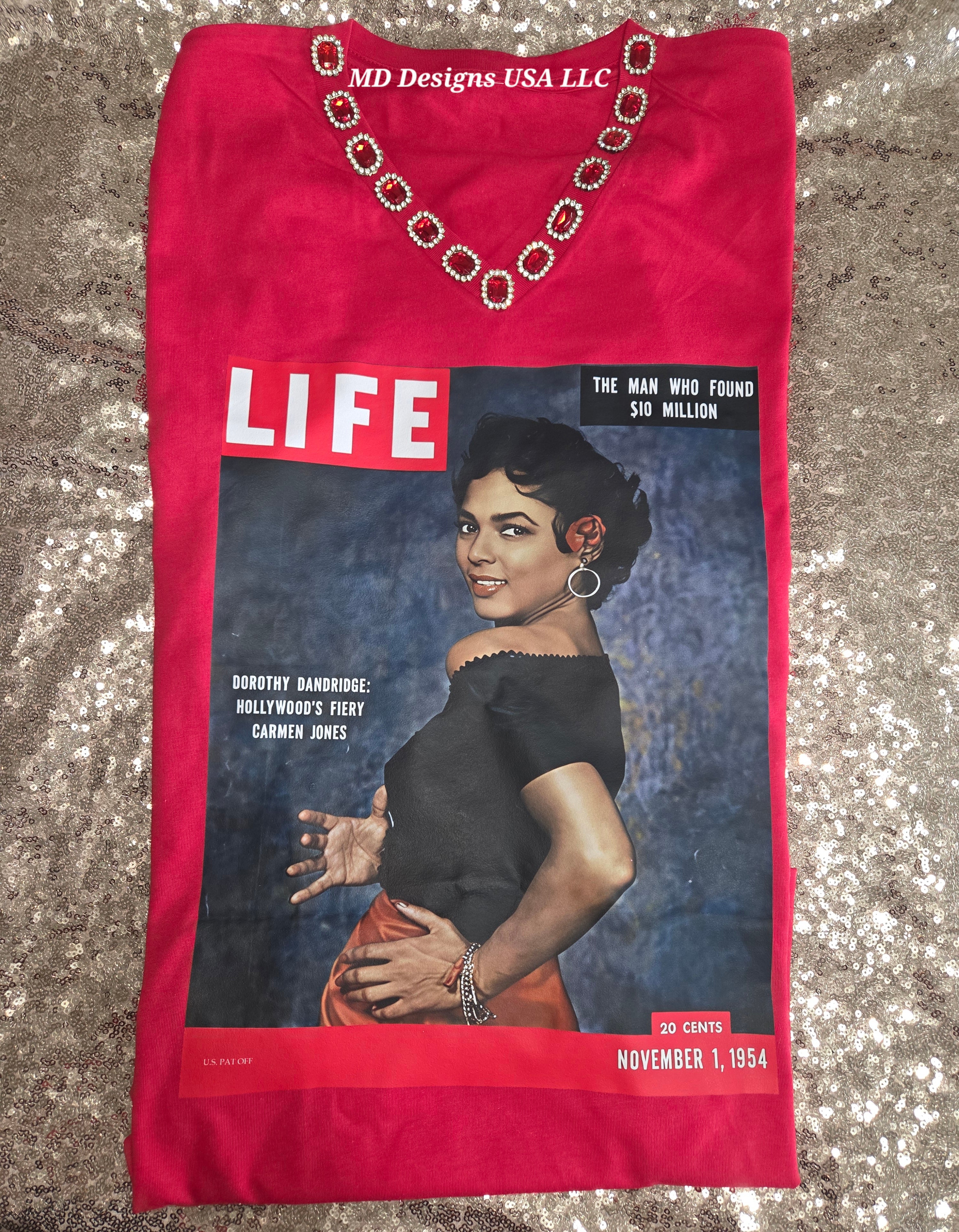 Red Rhinestone V Neck LIFE Photo Dorothy Dandridge T-Shirt
