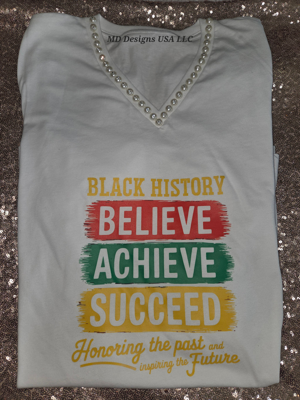 White Rhinestone Pearl V Neck Believe Achieve Succeed T -Shirt