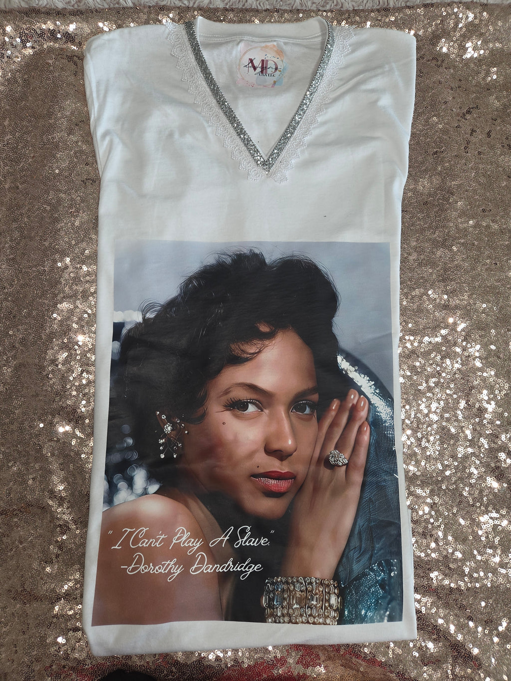 White V Neck Lace and Bling Dorothy Dandridge T -Shirt