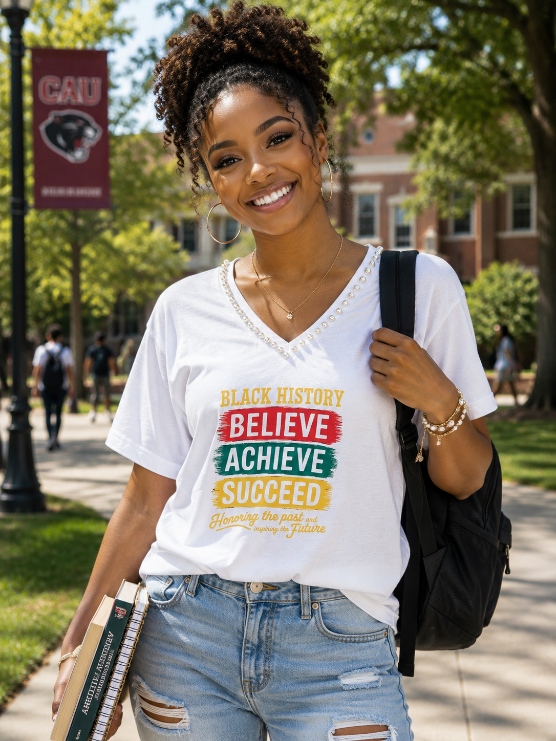 White Rhinestone Pearl V Neck Believe Achieve Succeed T -Shirt